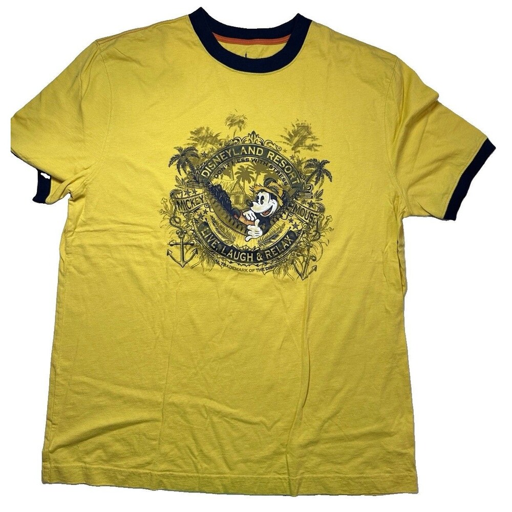 Disney T-Shirt Mens Size L Yellow Ringer Mickey Mouse Graphic Cotton Tee
